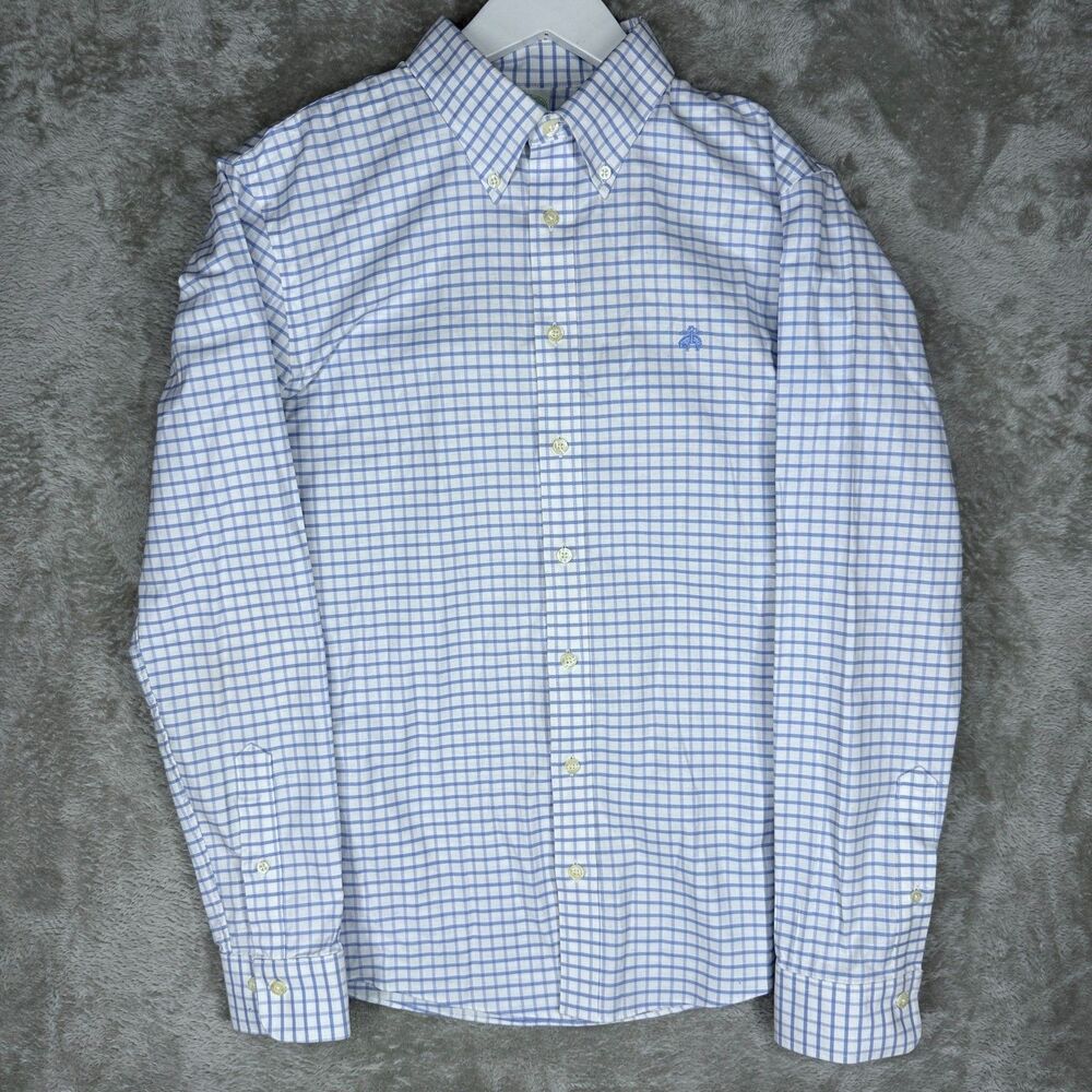 Brooks Brothers 1818 Shirt Mens Medium Blue Check Non Iron Stretch Slim Polo
